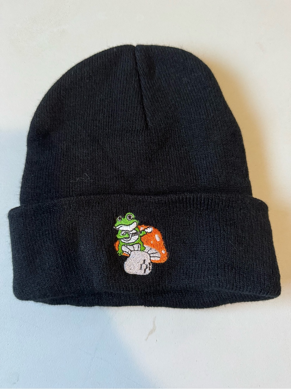 Black Beanie Hat with Frog Mushroom Embroidery
